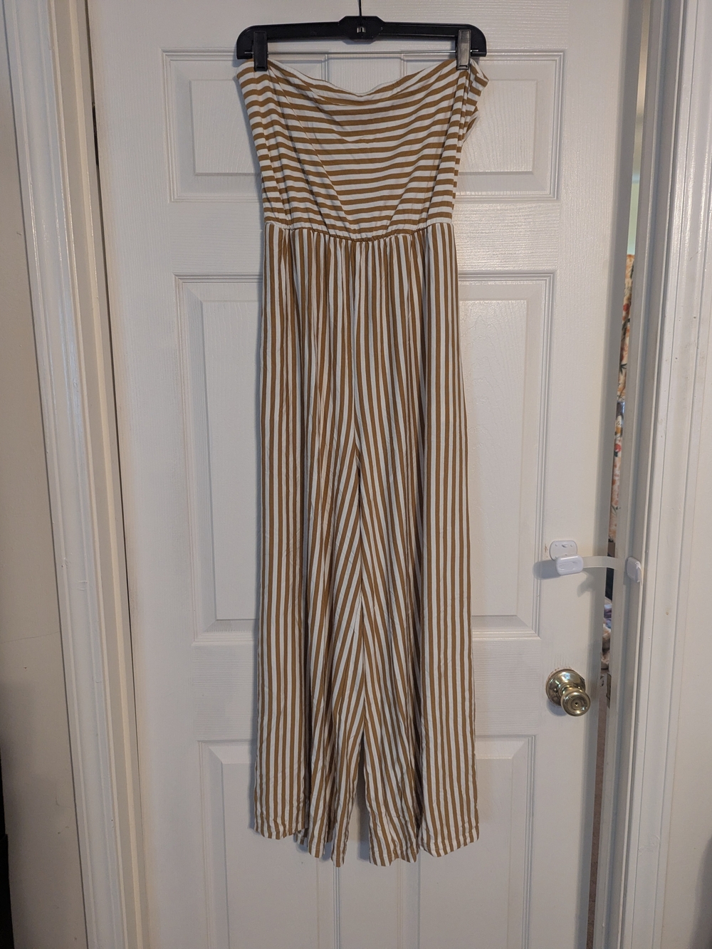 American Eagle Outfitters Strapless Beige and White Striped Wide-Leg Jumpsuit